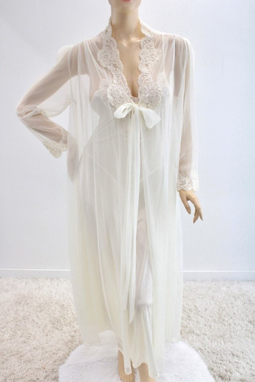 VTG Long Nightgown Sheer Chiffon Peignoir Robe Set M Ivory Bridal Pearls Lace